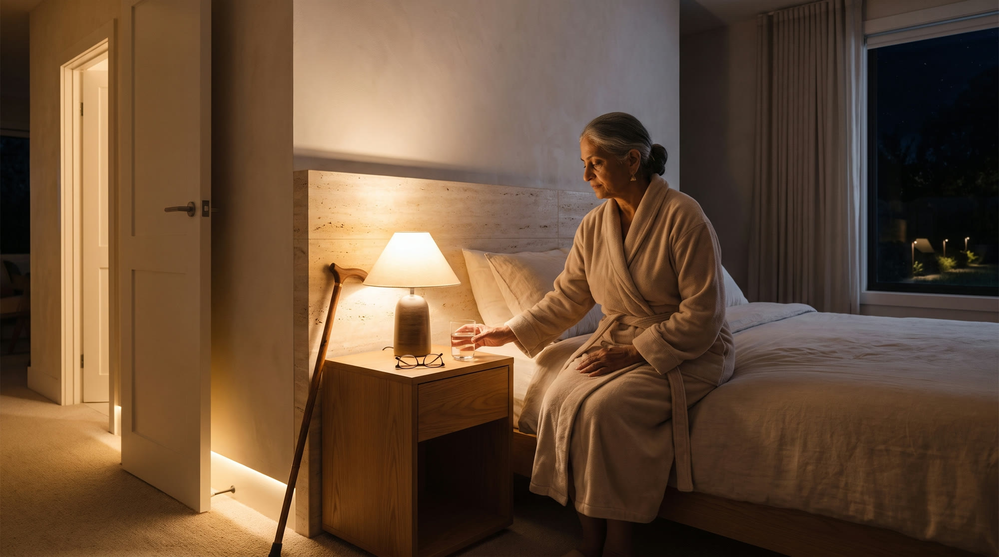 An elderly woman sits calmly at the edge of her bed at night, a warm bedside lamp and a soft floor guide-light already on around her