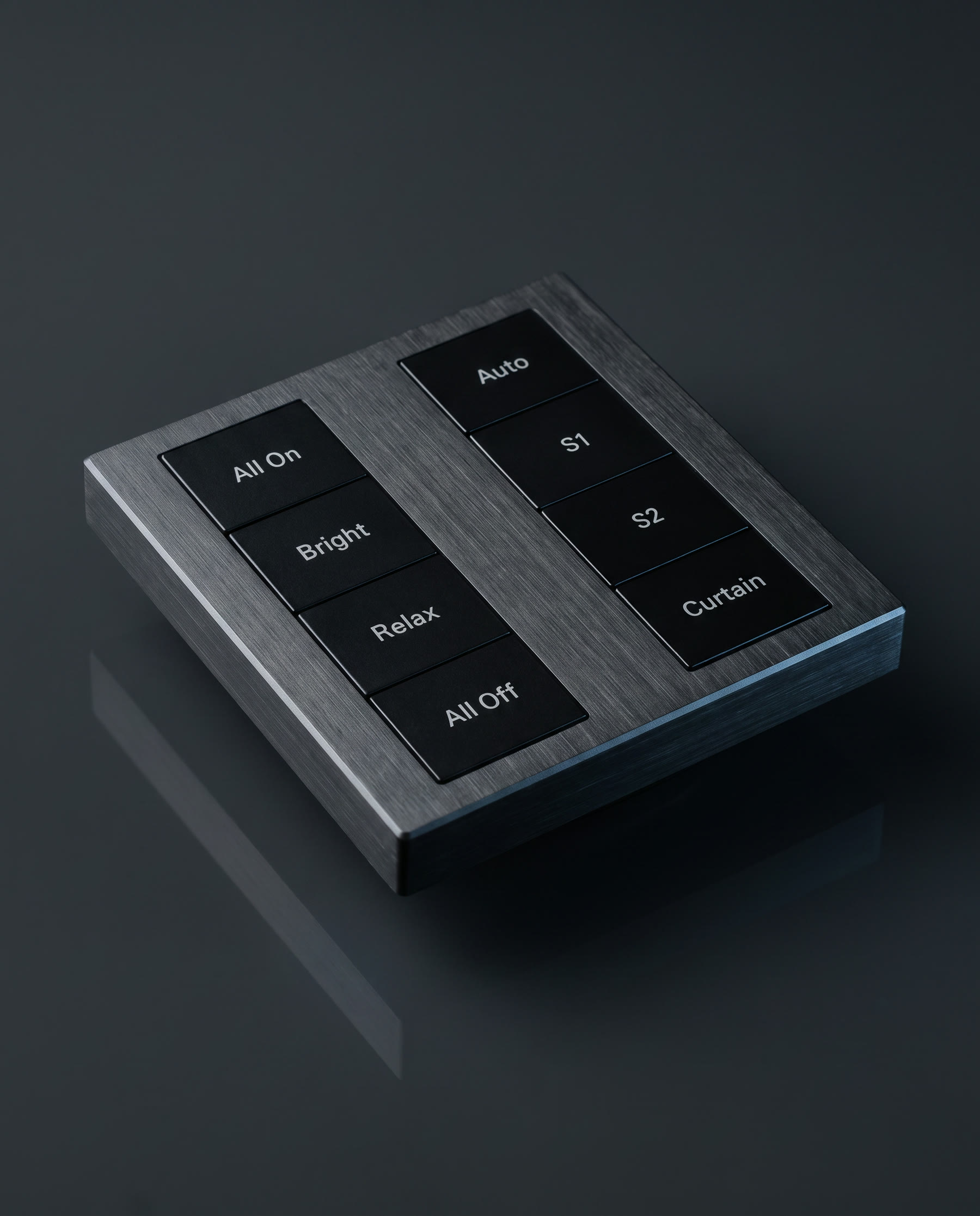 A Meshronix scene keypad in brushed dark metal with backlit push-buttons: All On, Bright, Relax, All Off, Auto, S1, S2 and Curtain