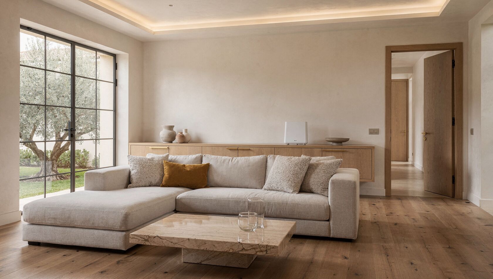 A warm Meshronix show-home living room, showing the window, doorway, console and corners where the home's senses live