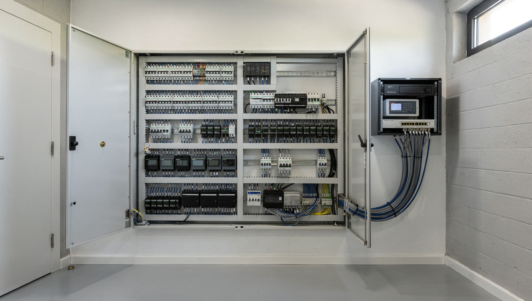 The real Meshronix distribution room: an open automation and power panel with orderly rows of breakers, metering and labelled wiring